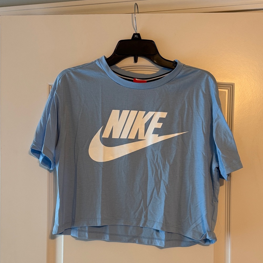 Nike Light Blue Cropped Tee with White Logo